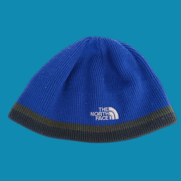 The North Face Blue Knit Beanie Black and Gray Stripe Trim - Picture 1 of 3